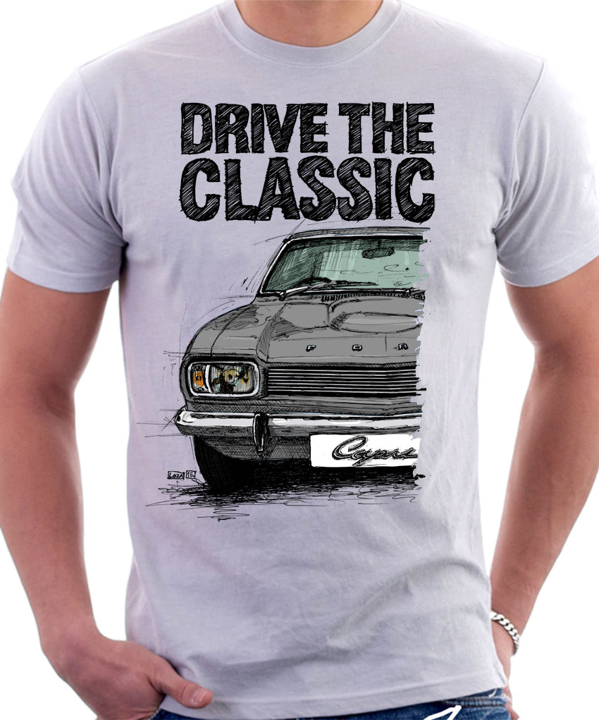 Drive The Classic Ford Capri Mk1. T shirt in White Colour