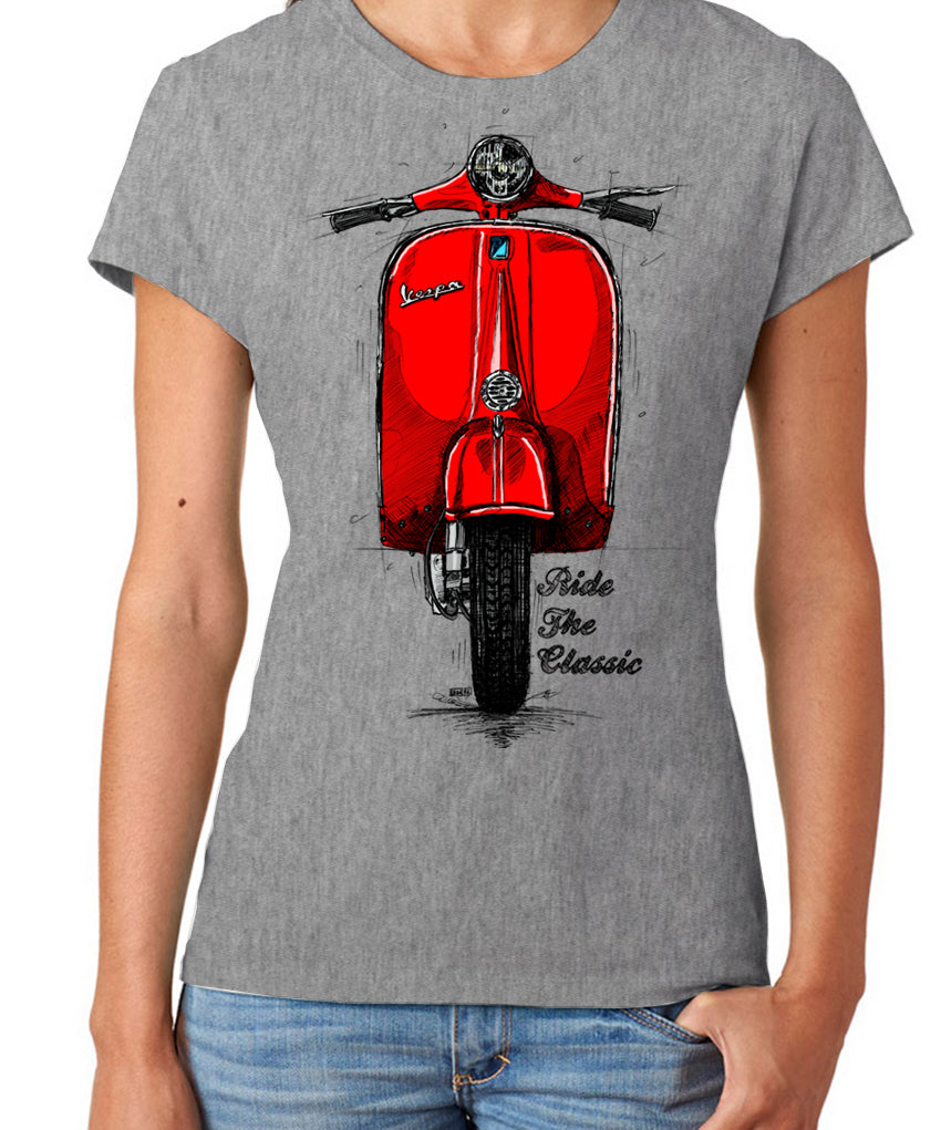 The Classic Vespa. Women T-shirt in Heather Grey Colour – By Lukas Loza