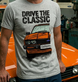 Drive The Classic Ford Capri Mk3 Black Grille T-shirt in Heather Grey Colour