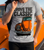Drive The Classic VW Type 1 Beetle Early Model (Oval) . T-shirt in Heather Grey Colour