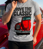 Drive The Classic VW Type 1 Beetle Early Model (Oval) . T-shirt in Heather Grey Colour