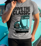Drive The Classic VW Type 1 Beetle Early Model (Oval) . T-shirt in Heather Grey Colour