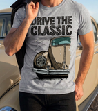 Drive The Classic VW Type 1 Beetle Early Model (Oval) . T-shirt in Heather Grey Colour