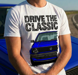Drive The Classic VW Golf Mk2 Early Model. T-shirt in White Colour