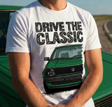 Drive The Classic VW Golf Mk2 Early Model. T-shirt in White Colour