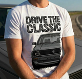 Drive The Classic VW Golf Mk2 Early Model. T-shirt in White Colour