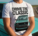 Drive The Classic VW Golf Mk2 Early Model. T-shirt in White Colour