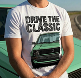 Drive The Classic VW Golf Mk2 Early Model. T-shirt in White Colour