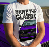 Drive The Classic VW Golf Mk2 Early Model. T-shirt in White Colour
