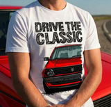 Drive The Classic VW Golf Mk2 Early Model. T-shirt in White Colour