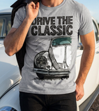 Drive The Classic VW Type 1 Beetle Early Model (Oval) . T-shirt in Heather Grey Colour