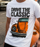 Drive The Classic VW Type 1 Beetle 70's Model . T-shirt in White Colour