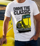 Drive The Classic VW Type 1 Beetle Early Model (Oval) . T-shirt in White Colour