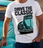 Drive The Classic VW Type 1 Beetle Early Model (Oval) . T-shirt in White Colour