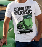 Drive The Classic VW Type 1 Beetle Early Model (Oval) . T-shirt in White Colour