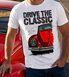 Drive The Classic VW Type 1 Beetle Early Model (Oval) . T-shirt in White Colour