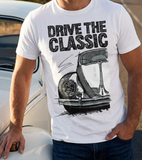 Drive The Classic VW Type 1 Beetle Early Model (Oval) . T-shirt in White Colour