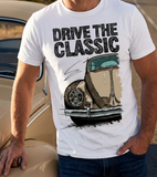 Drive The Classic VW Type 1 Beetle Early Model (Oval) . T-shirt in White Colour