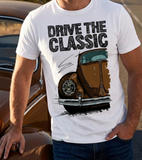 Drive The Classic VW Type 1 Beetle Early Model (Oval) . T-shirt in White Colour