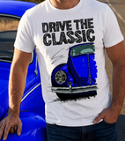 Drive The Classic VW Type 1 Beetle Early Model (Oval) . T-shirt in White Colour