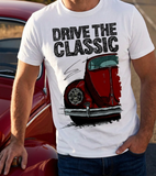 Drive The Classic VW Type 1 Beetle Early Model (Oval) . T-shirt in White Colour