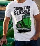 Drive The Classic VW Type 1 Beetle Early Model (Oval) . T-shirt in White Colour