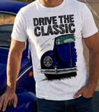 Drive The Classic VW Type 1 Beetle Early Model (Oval) . T-shirt in White Colour