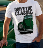 Drive The Classic VW Type 1 Beetle Early Model (Oval) . T-shirt in White Colour