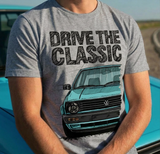 Drive The Classic VW Golf Mk2 Late Model. T-shirt in Heather Grey Colour