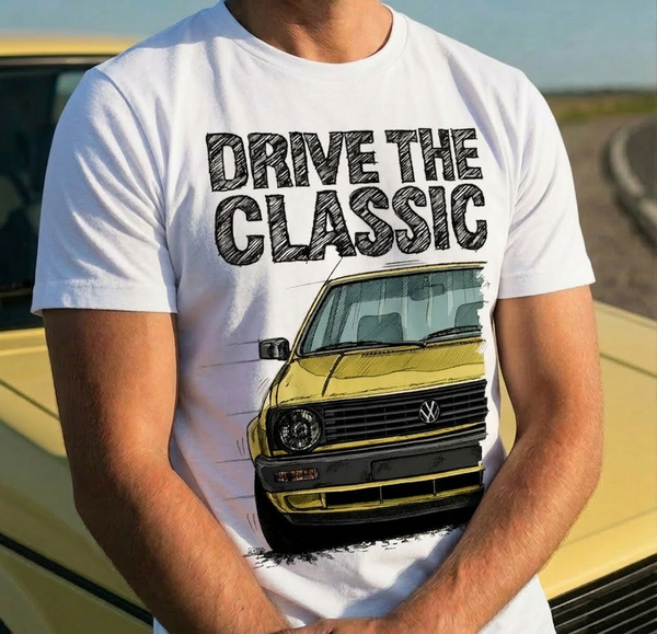 Drive The Classic VW Golf Mk2 Late Model. T-shirt in White Colour