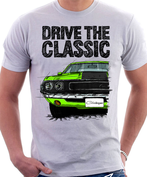 Drive The Classic Dodge Challenger 1970 Black Hood. T-shirt in White Colour