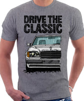 Drive The Classic Mercedes W124 Late Model Black Bumper. T-shirt in Heather Grey Colour