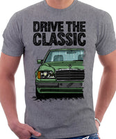 Drive The Classic Mercedes W124 Late Model Black Bumper. T-shirt in Heather Grey Colour