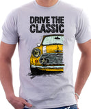 Drive The Classic Mini Cooper (Hood Stripes). T-shirt in White Colour