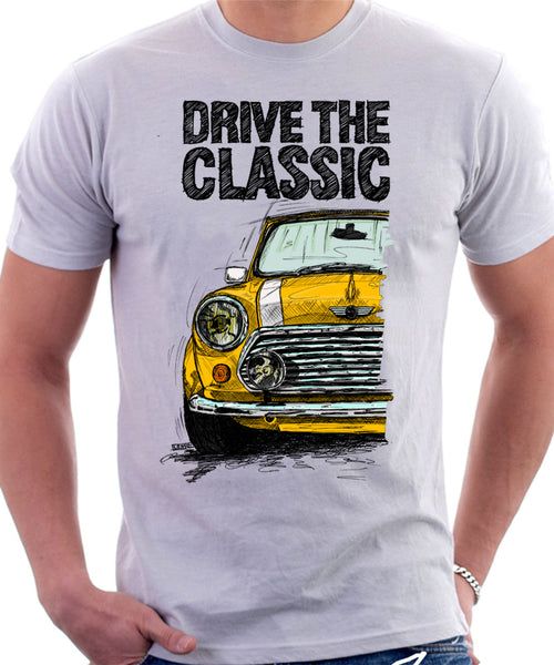 Drive The Classic Mini Cooper (Hood Stripes). T-shirt in White Colour –  Automotive Art By Lukas Loza