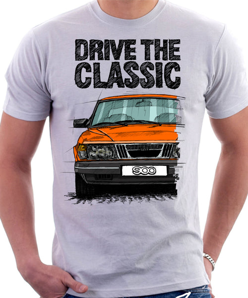 Drive The Classic Saab 900 Early Model. T shirt in White Colour Automotive Art By Lukas Loza