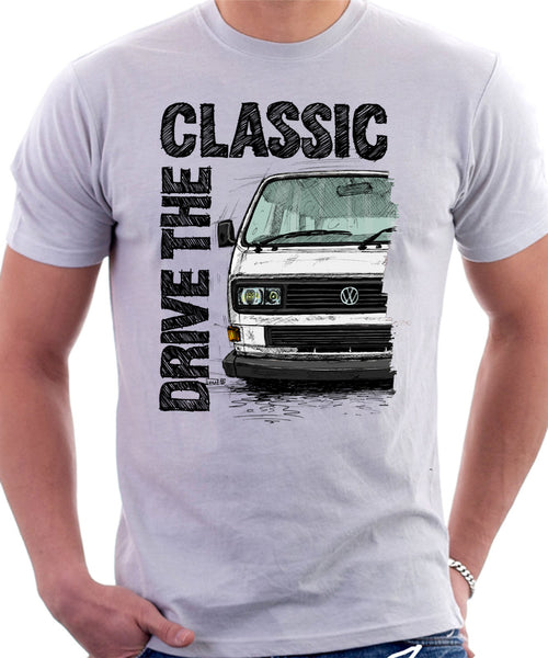 Drive The Classic VW T25 (T3) Square lights . T-shirt in White Colour –  Automotive Art By Lukas Loza