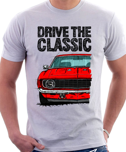 Drive The Classic Chevrolet Camaro SS 1969. T-shirt in White Color