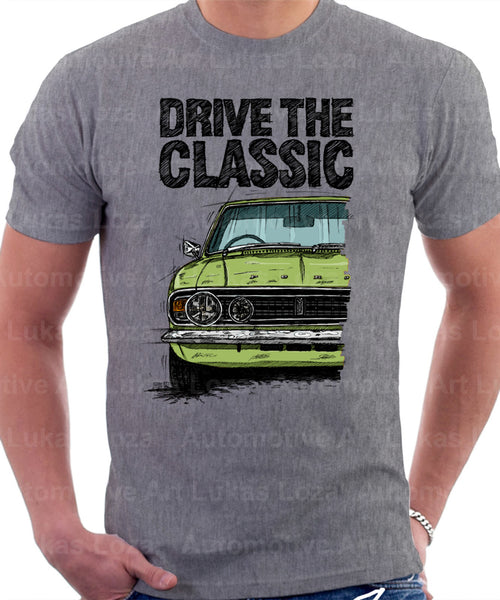 Drive The Classic Ford Cortina Mk2 Grille Halogen. T-shirt in Heather Grey Colour