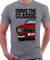 Drive The Classic Ford Escort Mk1 Sport Bumper Rectangular Headlights. T-shirt in Heather Grey Colour