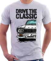 Drive The Classic Ford Escort Mk1 Sport Bumper Rectangular Headlights. T-shirt in White Colour