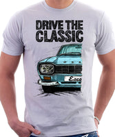 Drive The Classic Ford Escort Mk1 Sport Bumper Rectangular Headlights. T-shirt in White Colour