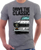 Drive The Classic Ford Escort M1 Round Headlights. T-shirt in Heather Grey Colour