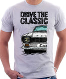 Drive The Classic Ford Escort M1 Round Headlights. T-shirt in White Colour