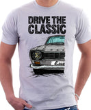 Drive The Classic Ford Escort M1 Round Headlights. T-shirt in White Colour