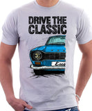 Drive The Classic Ford Escort M1 Round Headlights. T-shirt in White Colour