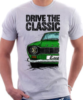 Drive The Classic Ford Escort M1 Round Headlights. T-shirt in White Colour