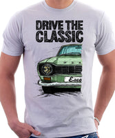Drive The Classic Ford Escort M1 Round Headlights. T-shirt in White Colour