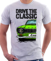 Drive The Classic Ford Escort M1 Round Headlights. T-shirt in White Colour