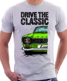 Drive The Classic Ford Escort M1 Round Headlights. T-shirt in White Colour